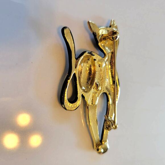 Vintage Cat Brooch Black Enamel Gold Tone Rhinestone Eyes Catcore Black Cat - Picture 11 of 12